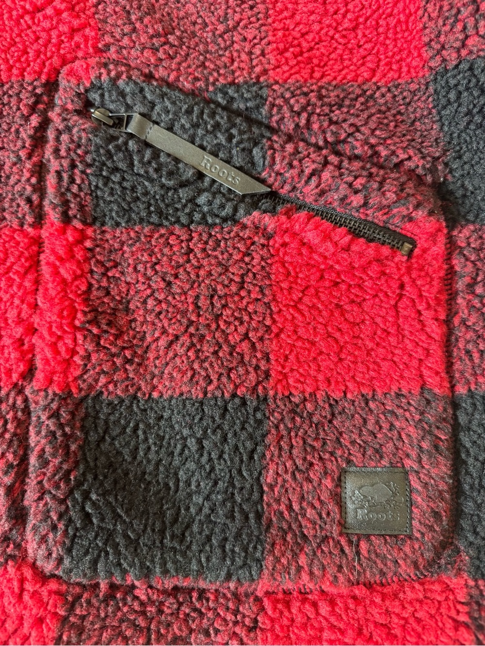 Roots Buffalo Plaid Sherpa Jacket Red Black Oversized Full Zip Size L - Picture 4 of 11